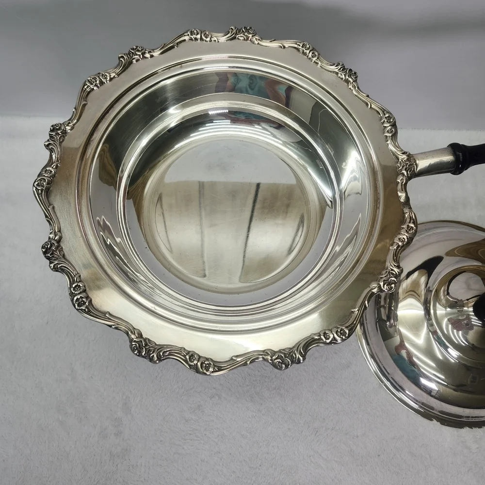 Vtg Elegant Silver Chafing Dish with Black Handle Used To Keep The Food Warm.